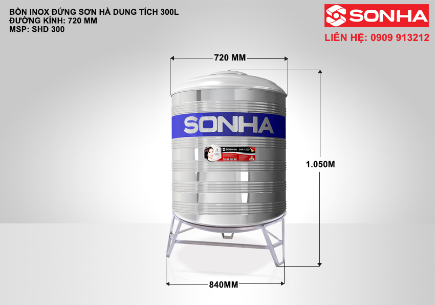 Kích thước bồn nước inox 300L đứng